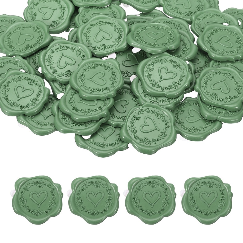 Heart Wax Seal Stickers, 50 Pack Embossed Adhesive Sticker, Olive Green