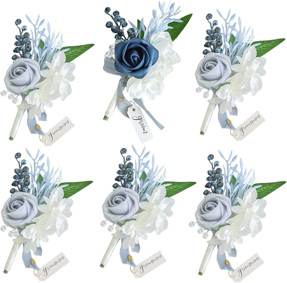 Set of 6 Dusty Blue Wedding Boutonniere for Men Artificial Flowers for Wedding