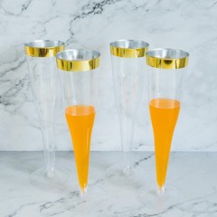 12 6 oz Plastic CLEAR with Gold Rim Champagne Disposable Glasses Party Wedding