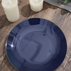 NAVY BLUE 10 Glossy 8″ Round Plastic Salad PLATES Gold Rim Party Events