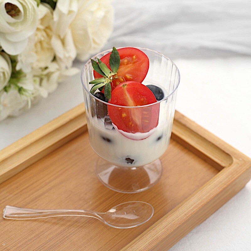 24 CLEAR 5 oz Ribbed Round Plastic Dessert CUPS Spoons Set Party Decorations