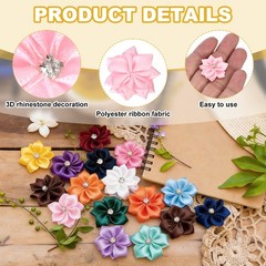 100Pcs Ribbon Flowers 1.2″ Fabric Flowers with Rhinestones Pink]