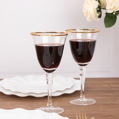 6 CLEAR GOLD Wine Goblet Glasses 9oz Rimmed Design with Long Beaded Stem Party