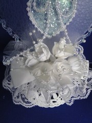 New Elegant Wedding Caketop frosted glass look heart & white satin flowers #269
