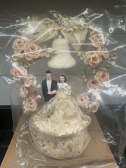 Vintage Deco Wedding Cake Topper Bells, Roses, Lace, Bride & Groom Original Box