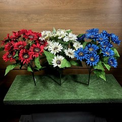 Artificial RED,WHITE,and BLUE MINI SUNFLOWER BUSHES, FLORAL CRAFT SUPPLY Set/3