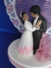 New Medium Dark skin Bride & Groom Wedding CakeTop, pink decor & heart, #334