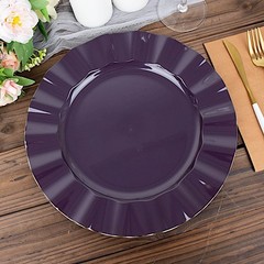 10 PURPLE 11″ Round PLASTIC Salad Dinner PLATES Gold Wavy Rim Wedding Party