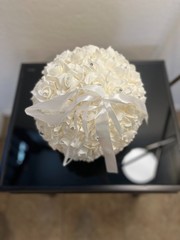 Wedding Flower Ball Pomander Ivory White Satin Roses Crystal Rhinestone Kissing