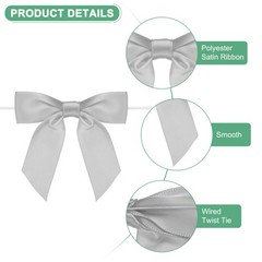 50-Pack Satin Ribbon Twist Tie Bows, 3.5″ Bow Twist Ties for Craft [Light Grey]