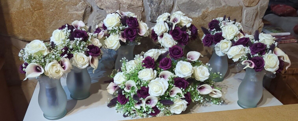 Cascading Bridal Bouquet, 5 Round Bridesmaids Bouquets, 1 Toss Bouquet