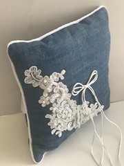 Western Wedding Blue Denim and White Lace Ring Pillow