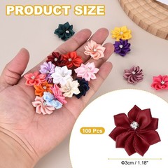 100 Pcs Ribbon Flowers, 1.2 in Fabric Flowers with Rhinestones, Burgundy