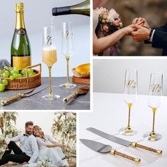 Beautiful Champagne Flutes Set with Rhinestone Knives for Wedding Celebrations