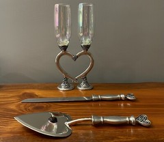 Fellowship Foundry Celtic Knots Hearts Pewter Glasses & Cake Server Wedding Set
