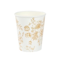 24 WHITE GOLD 9 oz Disposable PAPER CUPS French Toile Pattern Party Supplies