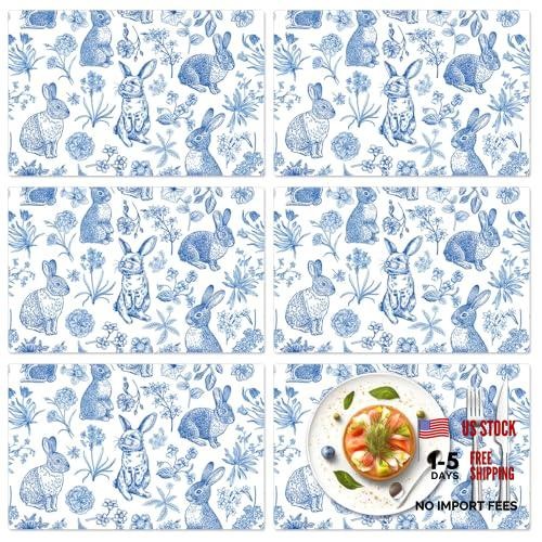 6 Pcs Blue White Easter Placemats Set Plastic Place Mat Retro Bunny Rabbit