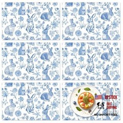 6 Pcs Blue White Easter Placemats Set Plastic Place Mat Retro Bunny Rabbit