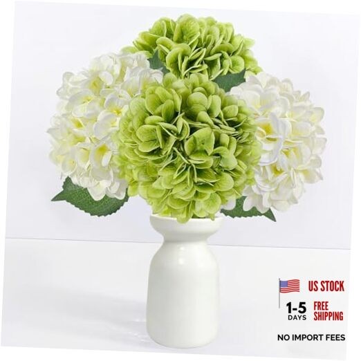 4 Pcs Artificial Hydrangea Flowers, Real Touch Silk Hydrangeas with Green White