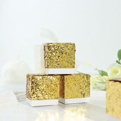 25 GOLD WHITE Sequin Glittered FAVOR BOXES Ribbon Mini Gift Holders Party Events