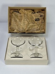 VTG MCM Engraved BRIDE GROOM Glasses Hollow Stem Champagne Coupes 1967 In Box