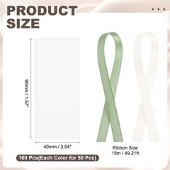 100Pack Blank Place Card with Green & Beige Ribbon, 3.54 x 1.57 Inch, White