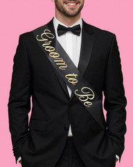 Bride and Groom Sash Duo 2 Pack | White and Black Satin, Gold Foil