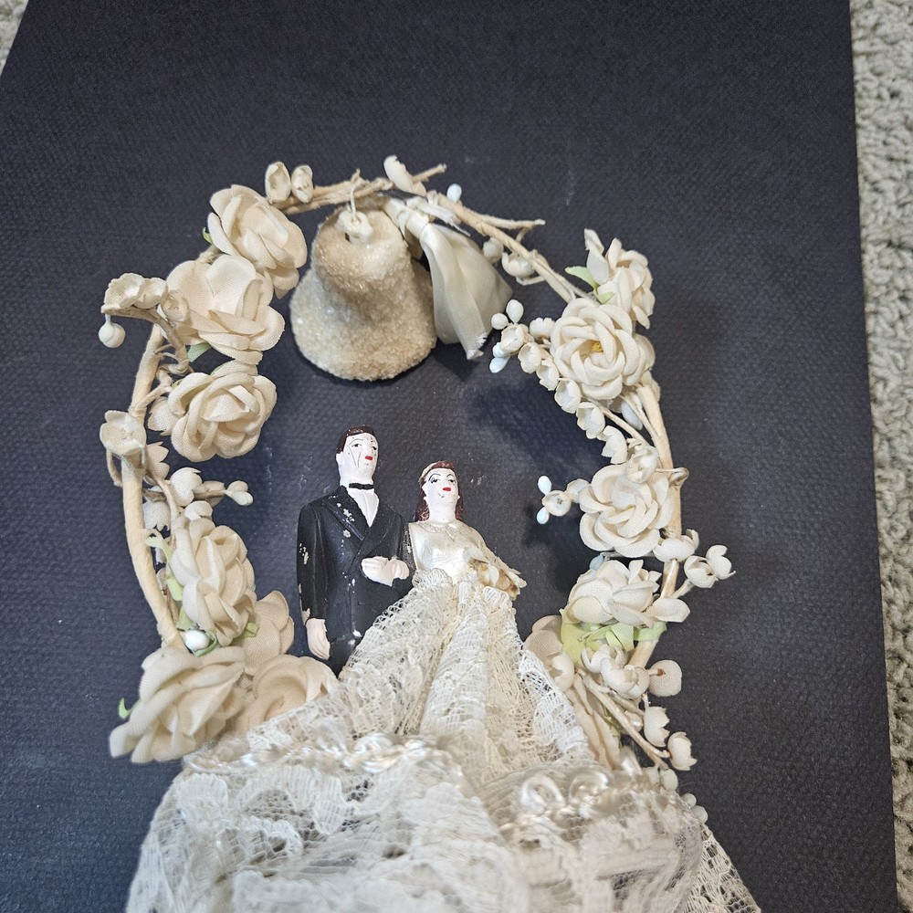 Vintage Wedding Cake Topper: Fabric Flowers, lace, plastic