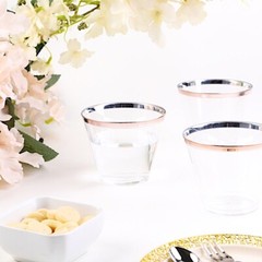 12 CLEAR ROSE GOLD RIM 10 oz Plastic Cups Disposable Wedding Party Tableware