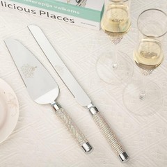 Wedding Cake Knife and Server Set with Rhinestone Champagne Flutes Gift Set