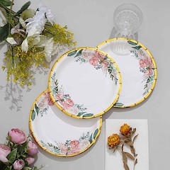 25 White Round Paper Plates Floral Design Gold Rim Party Events Home Tableware