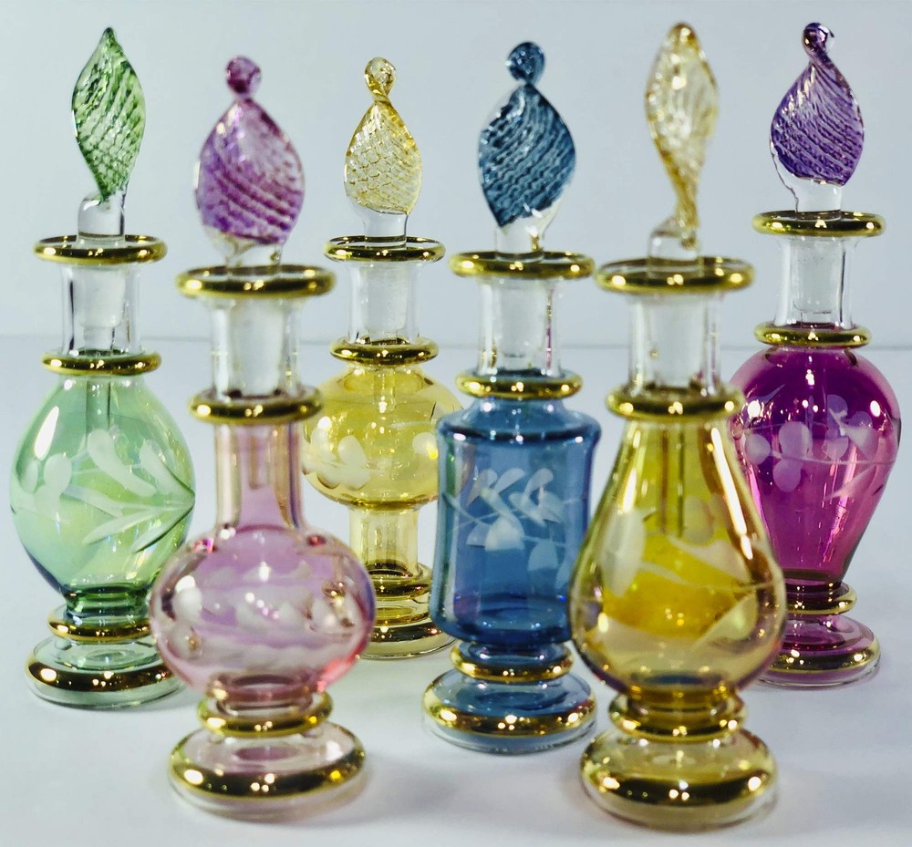 Egyptian Hand Blown Glass Miniature Genie Bottles – Set of 6, 2″ (5 cm), Gold