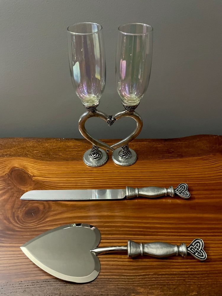 Fellowship Foundry Celtic Knots Hearts Pewter Glasses & Cake Server Wedding Set