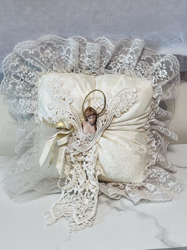 Vtg Wedding Ring Bearer Pillow Victorian Bride Brocade Ivory Satin Lace Ribbons
