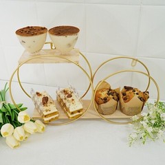 Gold Natural 2 Tier Round Metal Wood Geometric Floating Shelf Decorations