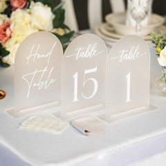 5×7 Frosted Arch Acrylic Table Numbers 1-15, Stands, Head Table Sign,White Font