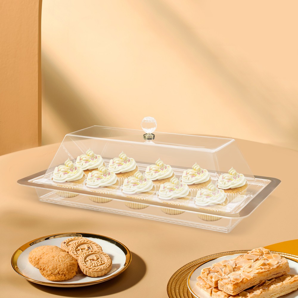 Acrylic Cake Stand With Lid Rectangular Clear Gold Trim 50 × 28 cm