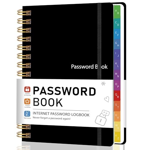 Password Book with Alphabetical Tabs, Password Keeper Book for Seniors, Black