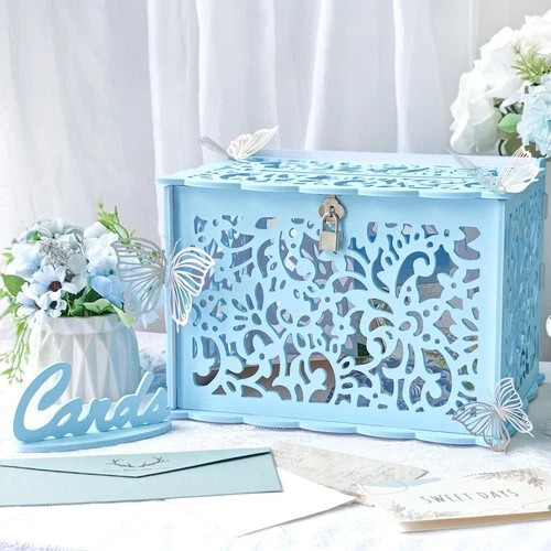 Blue Wedding Card Box for Party, PVC Gift Card Box for Wedding Decorations wi…