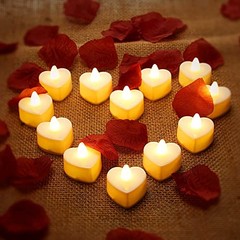 12 Pcs Heart Shape LED Tealight Candles Love LED Yellow Light, Dark Red Petal