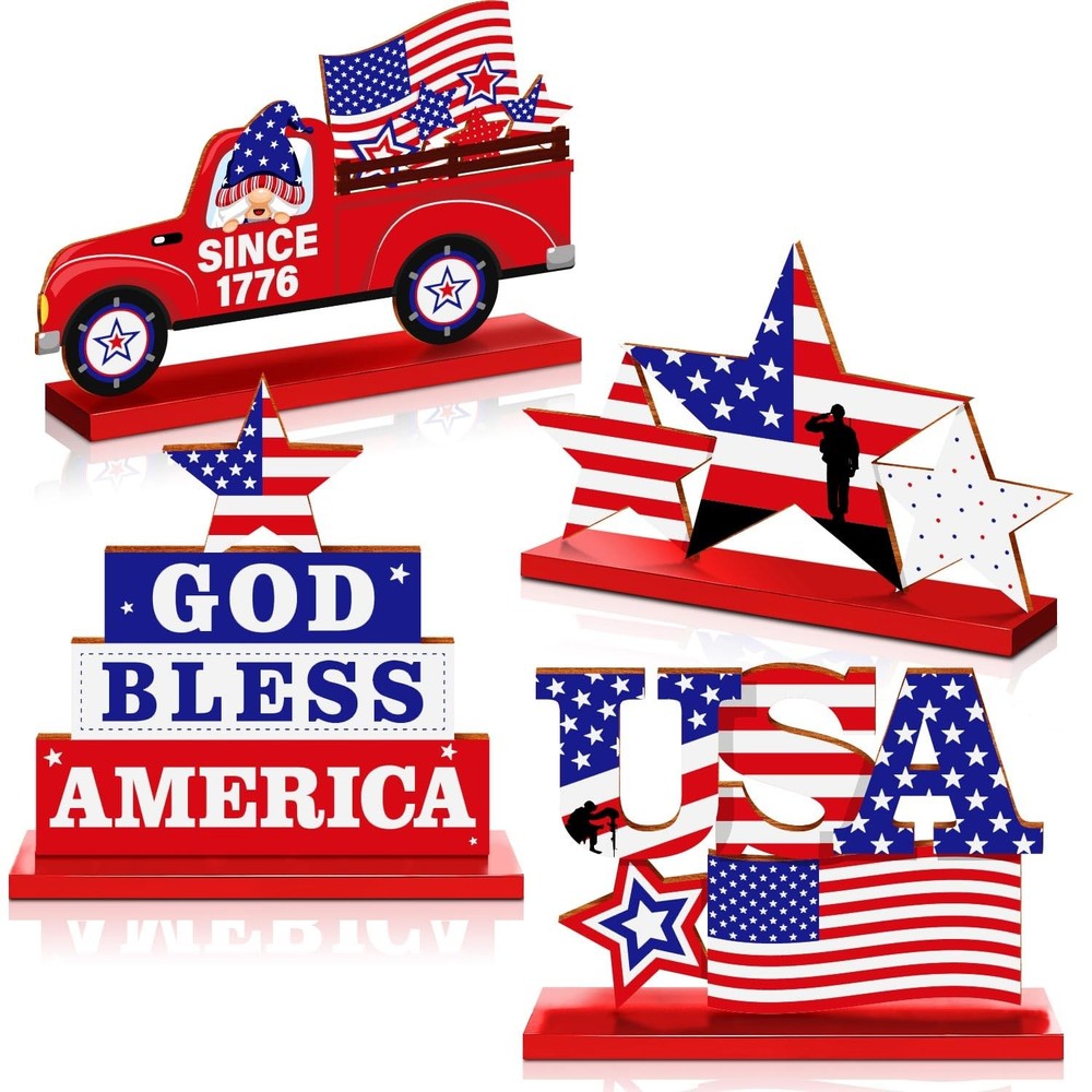 4 Pieces Patriotic Table Decor, 4th of July Wooden Sign Decorations of…