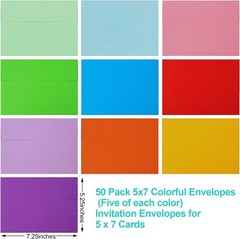 50 Pack Colored Envelope, 5×7 A7 (5 x 7), Yellow,Orange,Green,Red,Pink