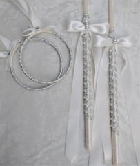 Crystal Pearl Greek Orthodox Wedding Stefana with 2-24″ Wedding Candles in Ivory