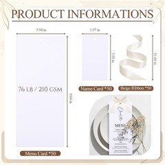 50 Sets 4×9 Inch White Blank Wedding Menu Name Place Cards 76lb Cardstock