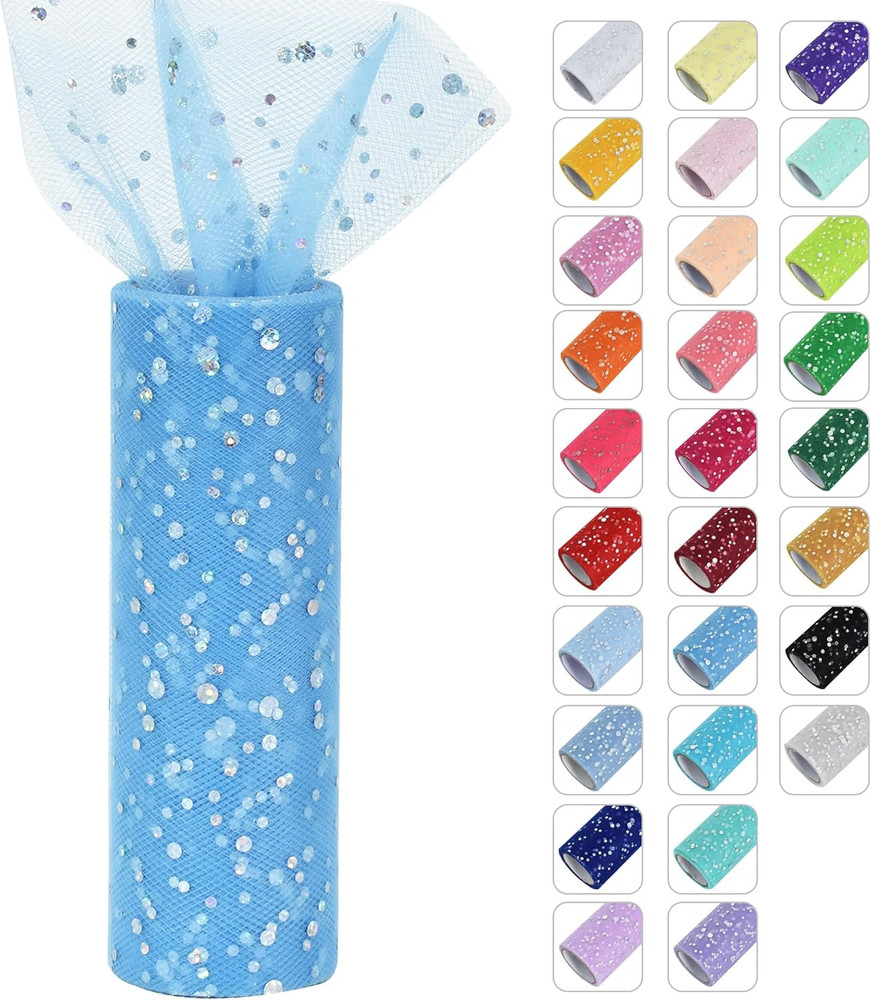 Sky Blue Glitter Tulle Rolls 6 Inch by 10 Yards Sequin Tulle Fabric Ribbon for D