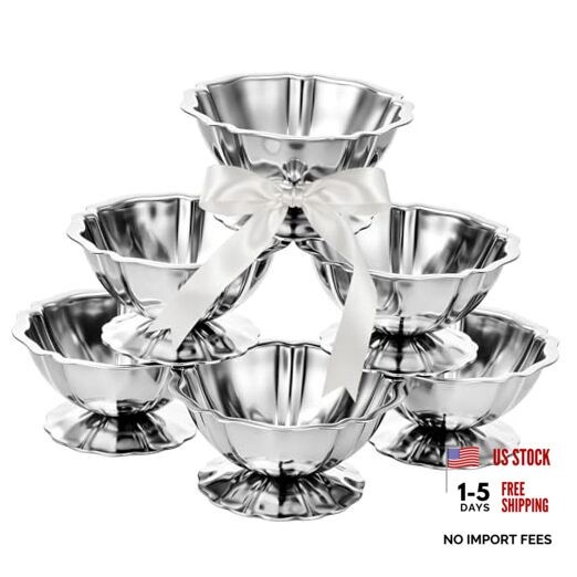 6 Pcs Stainless Steel Ice Cream Bowls Mini Silver Serving Lotus Dwarf Style