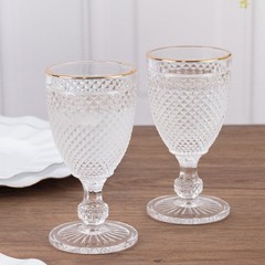 6 pack 8 oz Clear Glass Wine Goblets with Gold Rim and Embossed Diamond Pattern