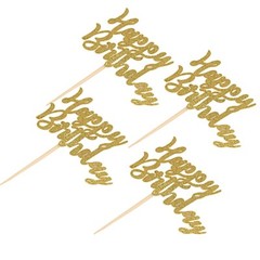 24 Gold Glittered Happy Birthday Cupcake Toppers Cake Decorations Party Supplies