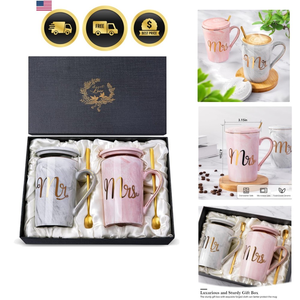 Wedding Gifts for Couples Mug Set Ceramic Marble Mr and Mrs 14oz Gift Box