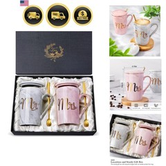 Wedding Gifts for Couples Mug Set Ceramic Marble Mr and Mrs 14oz Gift Box